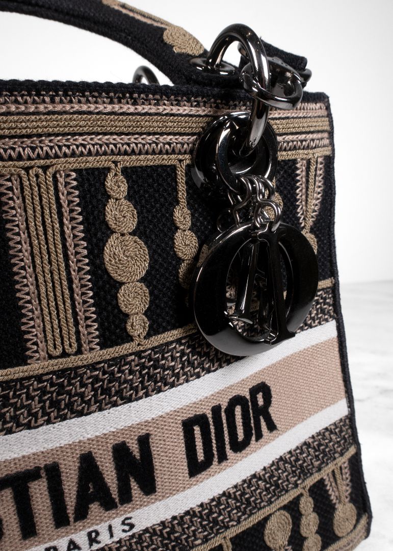 Dior Black/beige Embroidered Canvas Bag With Strap