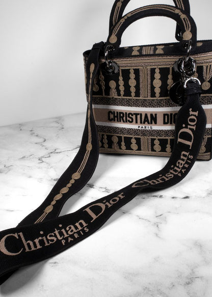 Dior Black/beige Embroidered Canvas Bag With Strap