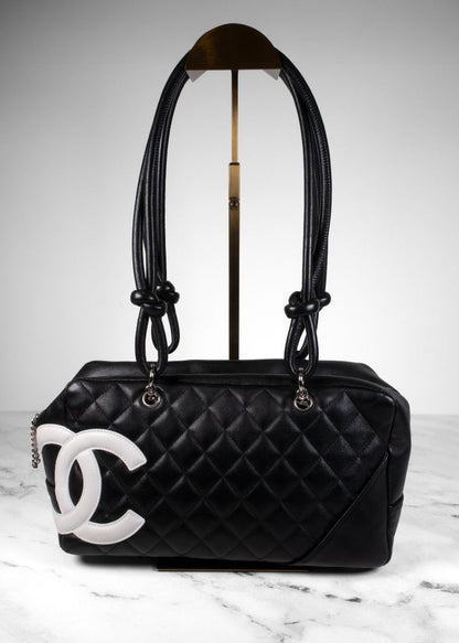 Chanel Black Calfskin Quilted Cambon Bowler Bag With White CC