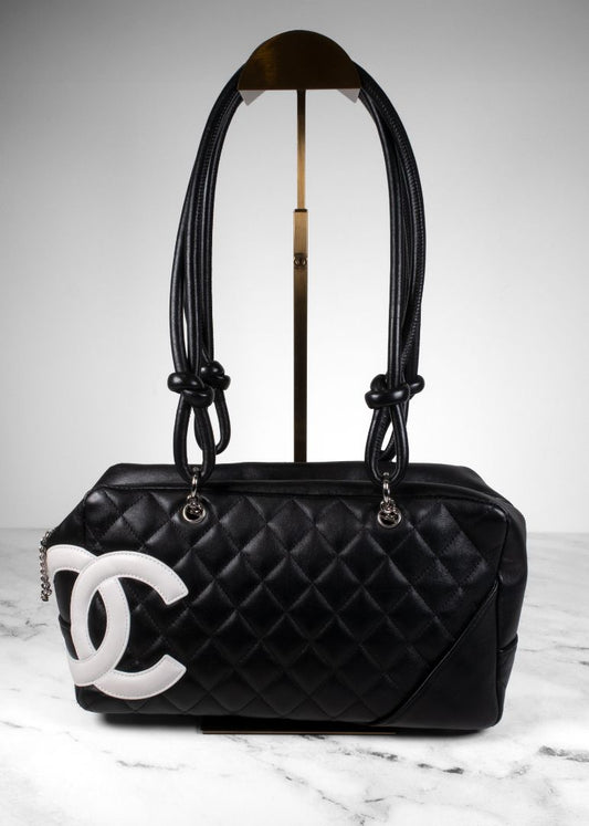 Chanel Black Calfskin Quilted Cambon Bowler Bag With White CC
