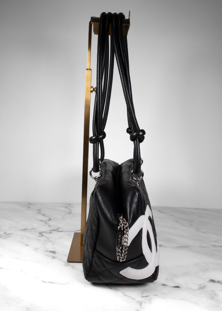 Chanel Black Calfskin Quilted Cambon Bowler Bag With White CC