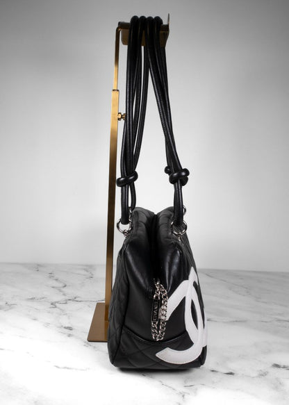 Chanel Black Calfskin Quilted Cambon Bowler Bag With White CC