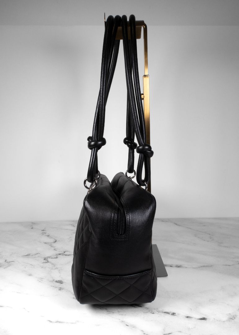 Chanel Black Calfskin Quilted Cambon Bowler Bag With White CC