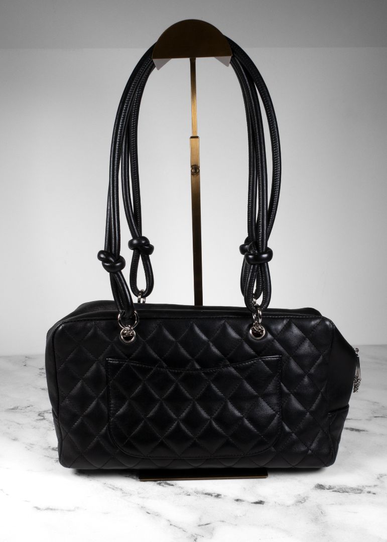 Chanel Black Calfskin Quilted Cambon Bowler Bag With White CC