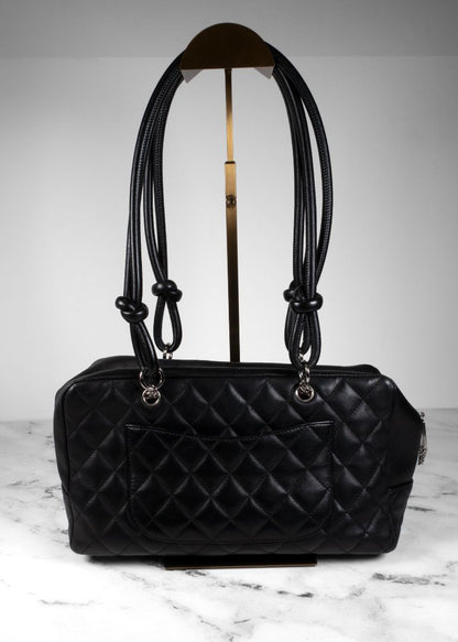 Chanel Black Calfskin Quilted Cambon Bowler Bag With White CC