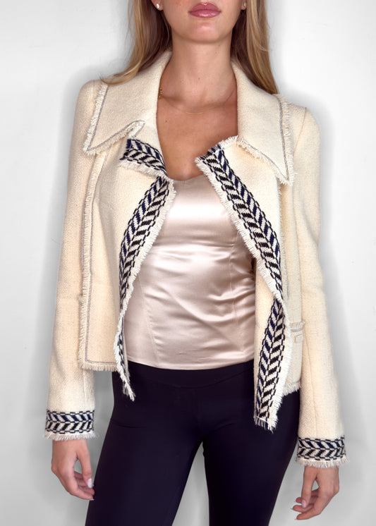 Chanel Vintage 2004 Ivory Bouclé Fringe Trim Open-Front Jacket
