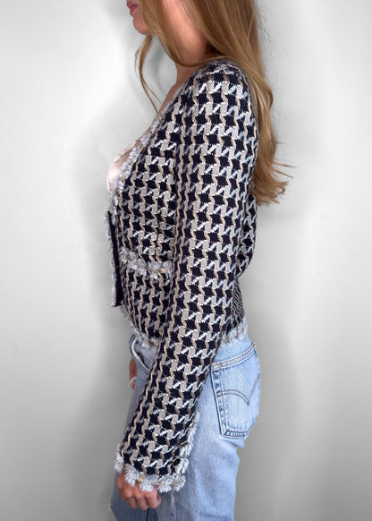 Chanel Houndstooth Metallic Bouclé Low-Cut Square Neck Cardigan Jacket