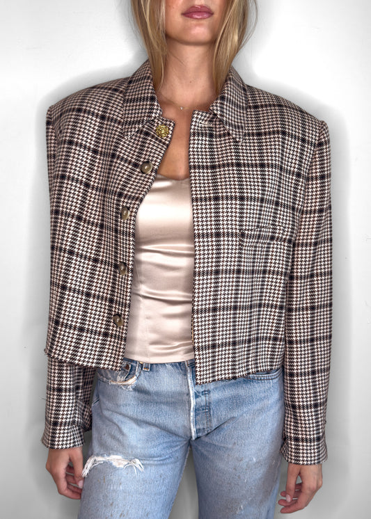 Chanel Vintage Houndstooth Brown Wool Tweed Cropped Gold Button Jacket