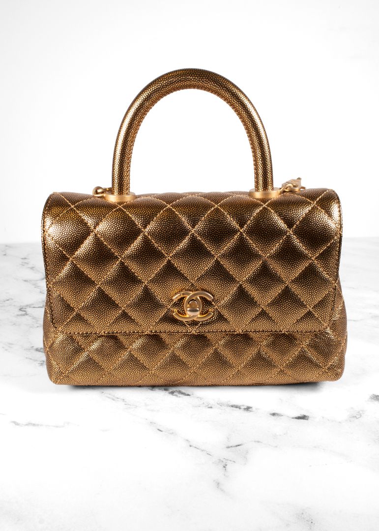 Chanel Gold Caviar Leather Top Handle Flap Bag