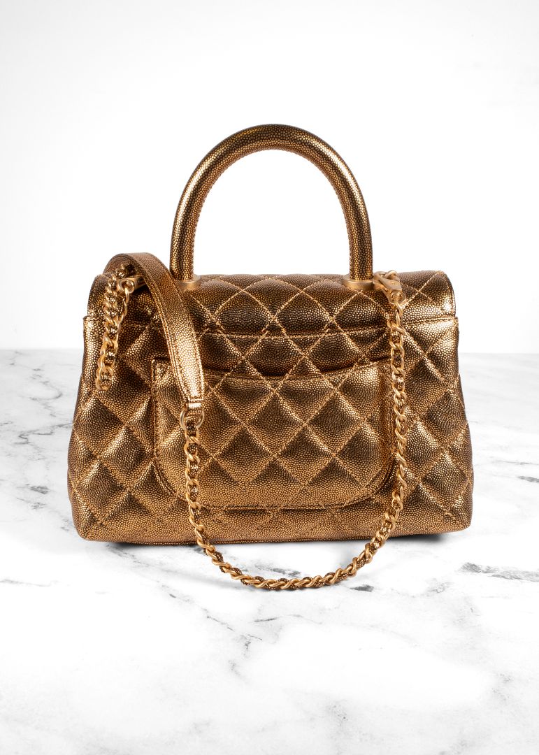 Chanel Gold Caviar Leather Top Handle Flap Bag