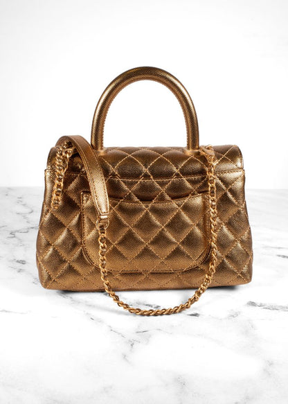 Chanel Gold Caviar Leather Top Handle Flap Bag