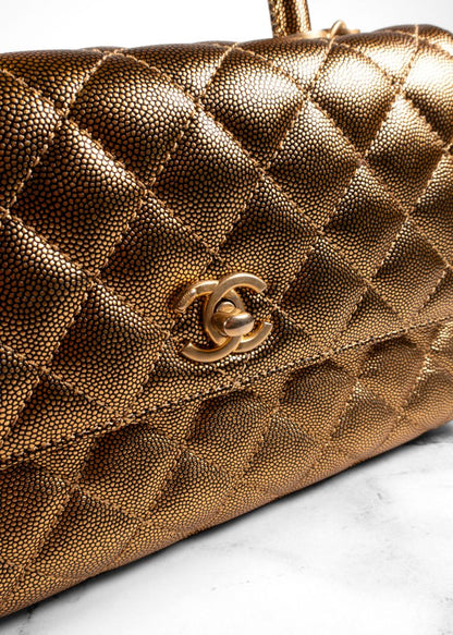 Chanel Gold Caviar Leather Top Handle Flap Bag