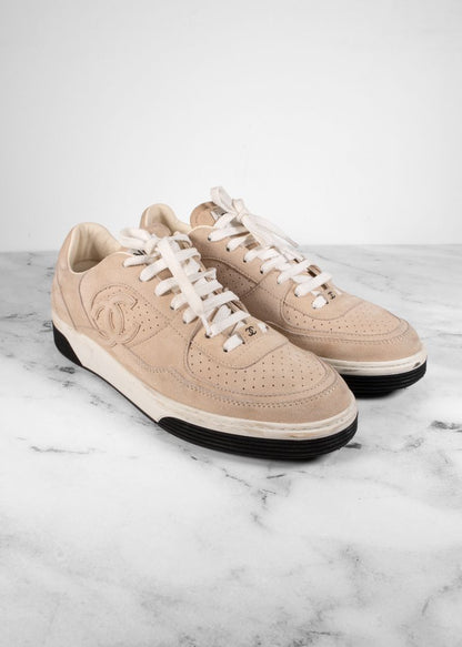 Chanel Light Beige / White Suede CC Sneakers