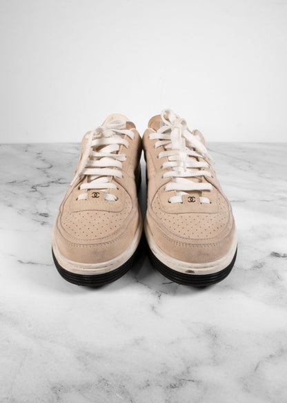 Chanel Light Beige / White Suede CC Sneakers