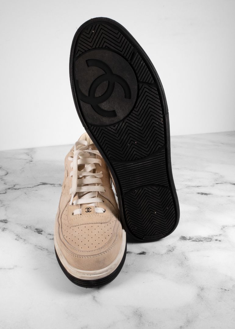 Chanel Light Beige / White Suede CC Sneakers