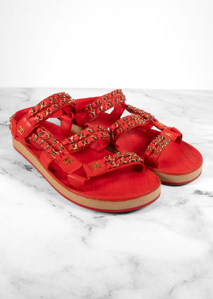 Chanel Red Leather Dad Sandals