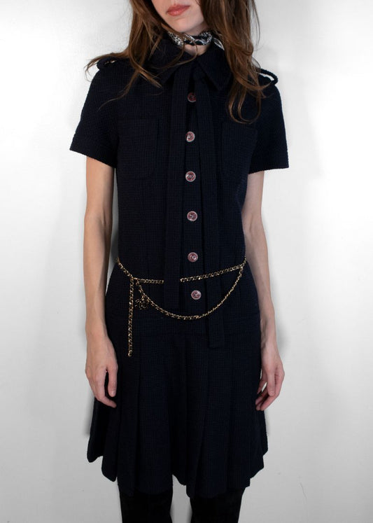 Chanel Navy Tweed Vintage Short Sleeve Pleated Mini Dress