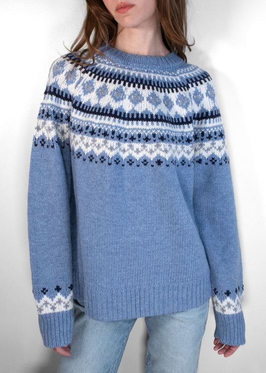 Miu Miu Blue Fair Isle Wool Crew Neck Knit Sweater
