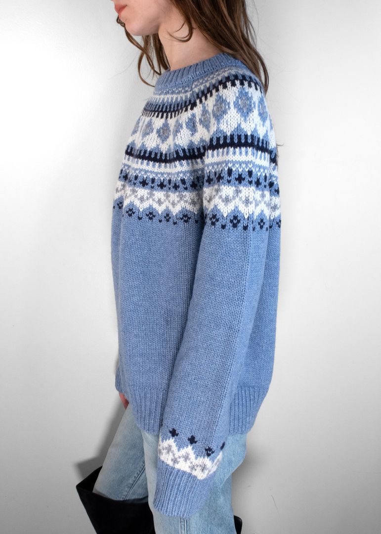 Miu Miu Blue Fair Isle Wool Crew Neck Knit Sweater