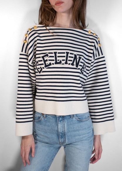 Celine Navy And White Striped Boat Neck Sweater