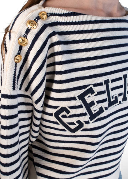 Celine Navy And White Striped Boat Neck Sweater