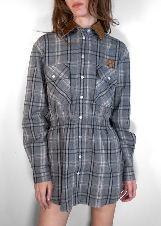 Miu Miu Grey Button-Up Plaid Dress