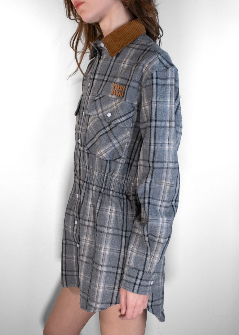 Miu Miu Grey Button-Up Plaid Dress