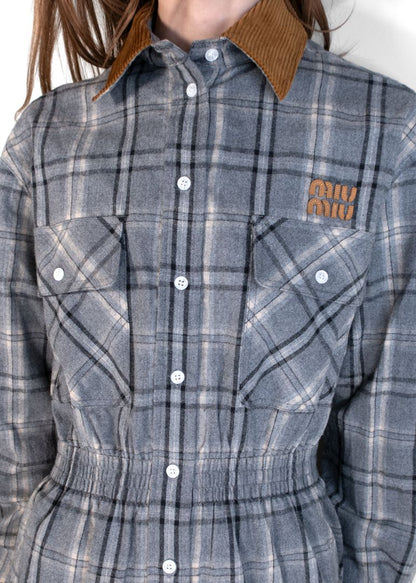 Miu Miu Grey Button-Up Plaid Dress