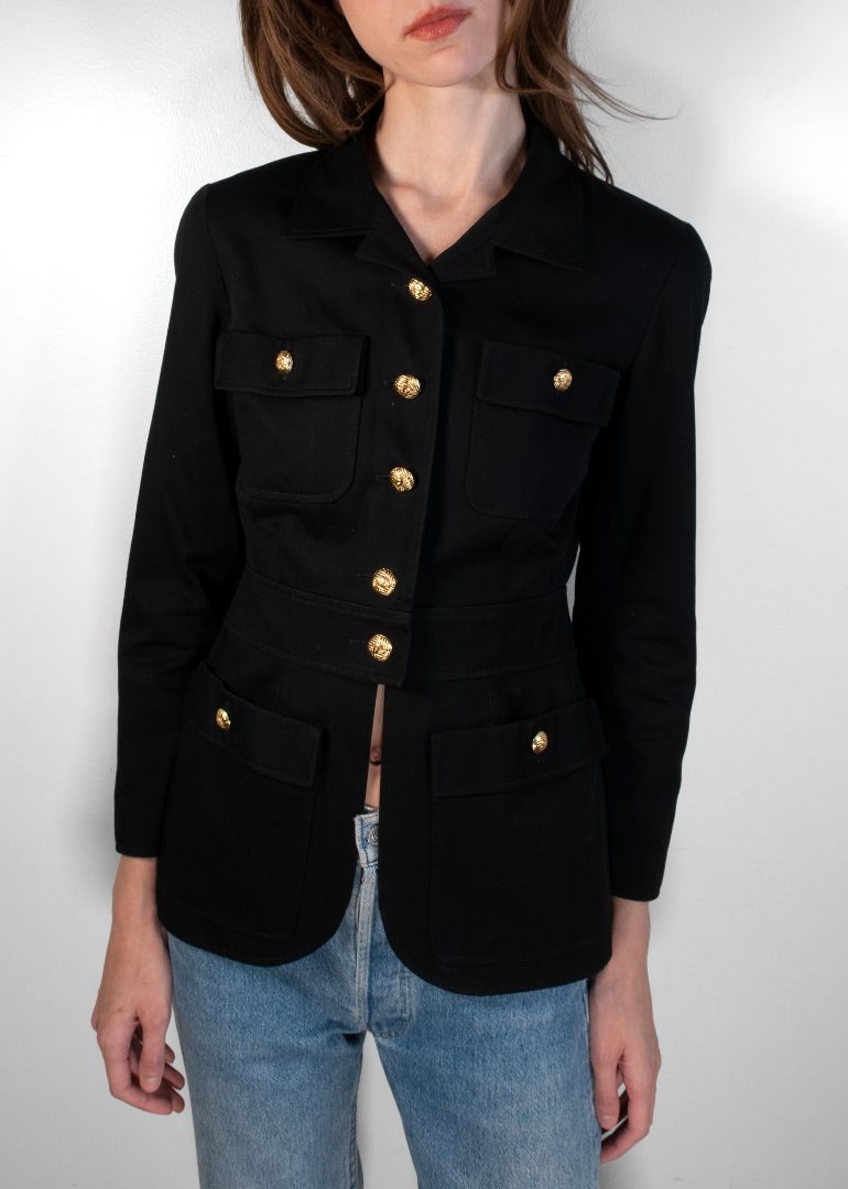 Chanel Black Bouclé Tweed Blazer with Gold CC Buttons