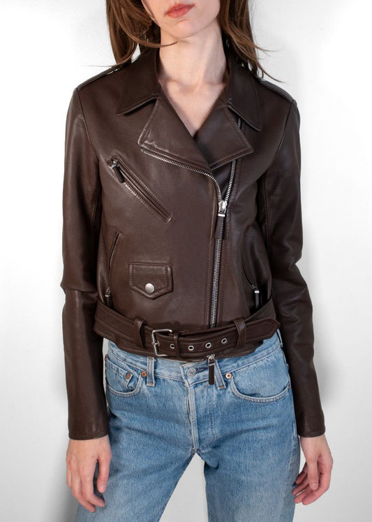 The Row Brown Leather Cropped Moto Jacket