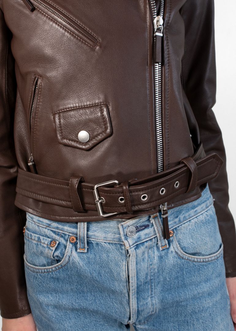 The Row Brown Leather Cropped Moto Jacket