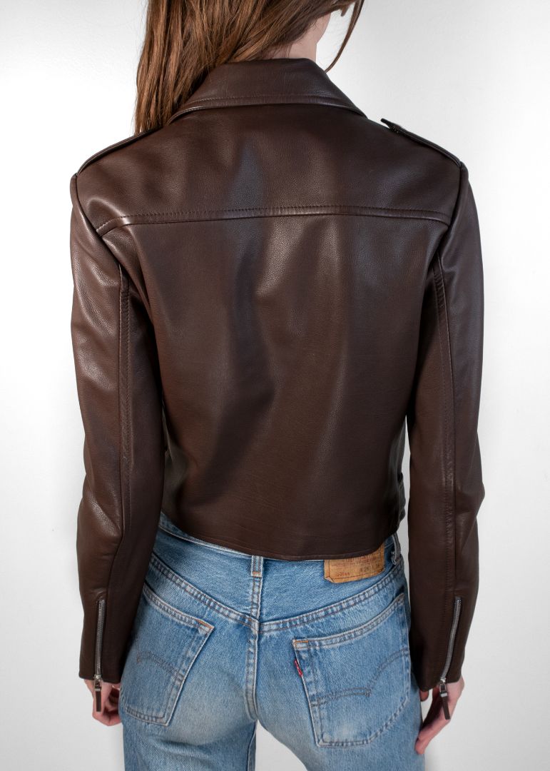 The Row Brown Leather Cropped Moto Jacket