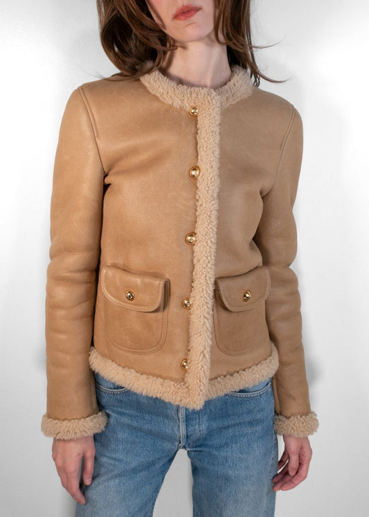 Celine Tan Shearling Cropped Jacket
