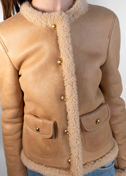 Celine Tan Shearling Cropped Jacket