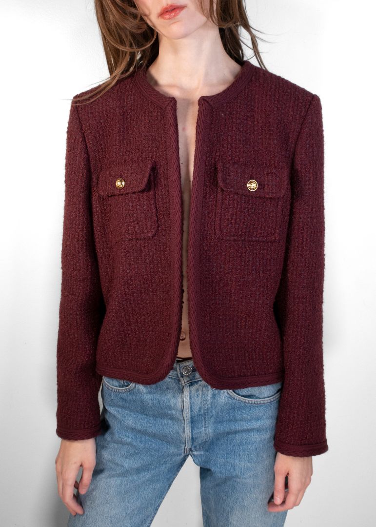 Celine Dark Plum Tweed Cropped Jacket