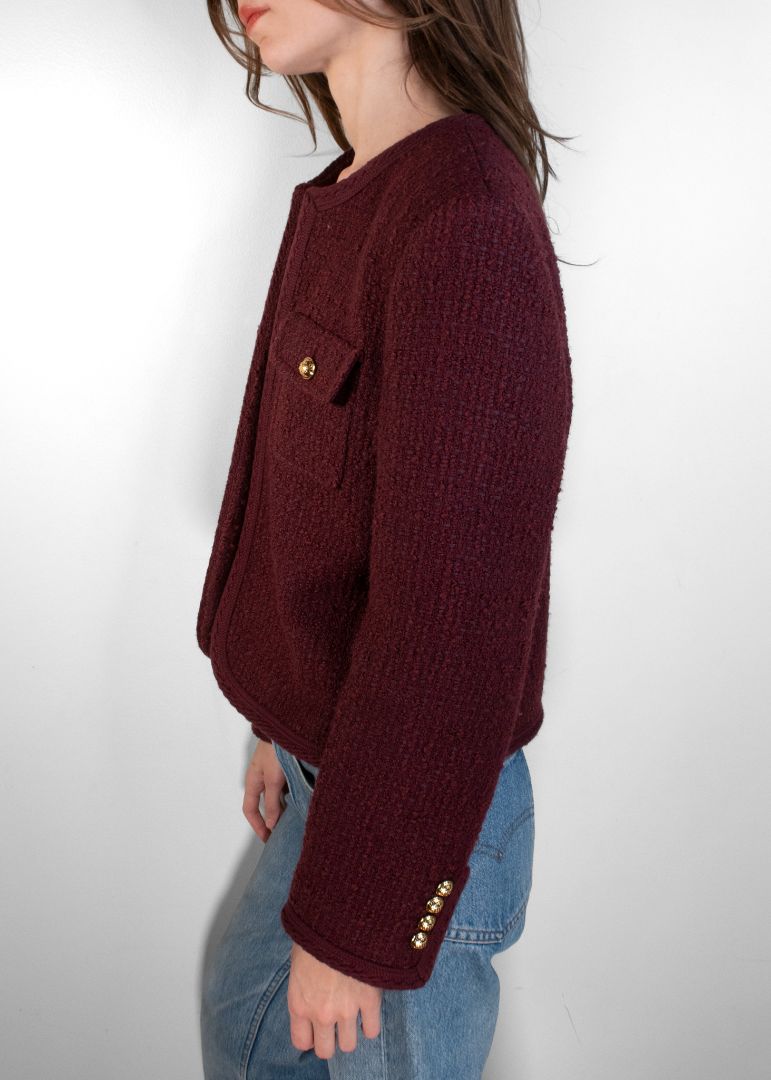 Celine Dark Plum Tweed Cropped Jacket