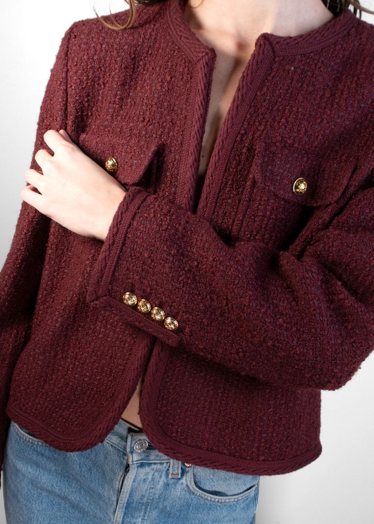 Celine Dark Plum Tweed Cropped Jacket