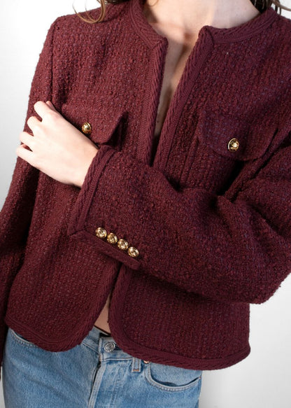 Celine Dark Plum Tweed Cropped Jacket