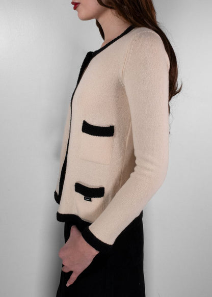 Chanel Cream Vintage Cardigan With Black Crochet Trim