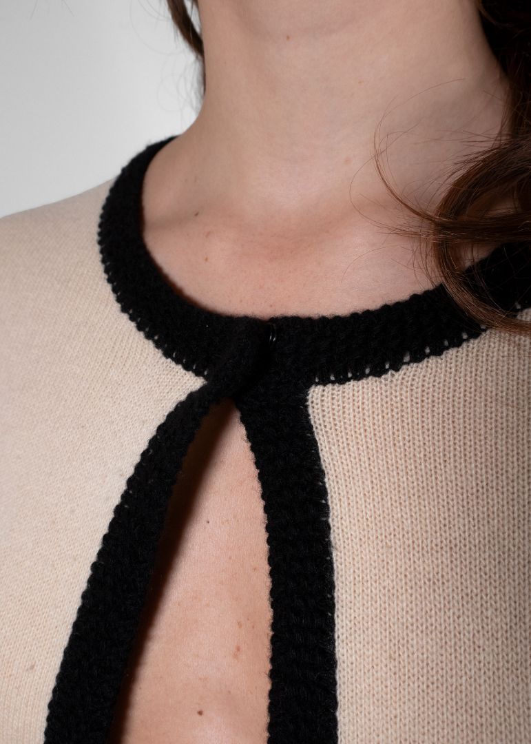 Chanel Cream Vintage Cardigan With Black Crochet Trim