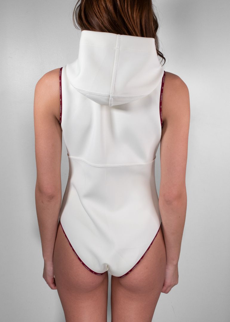 Chanel Ivory Scuba Zip Up Hooded Bodysuit
