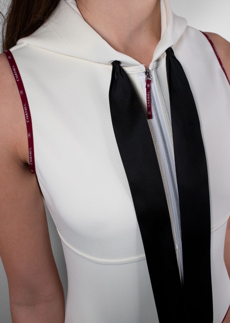 Chanel Ivory Scuba Zip Up Hooded Bodysuit