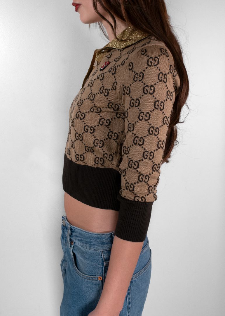 Gucci Beige And Brown Logo Cropped Sweater