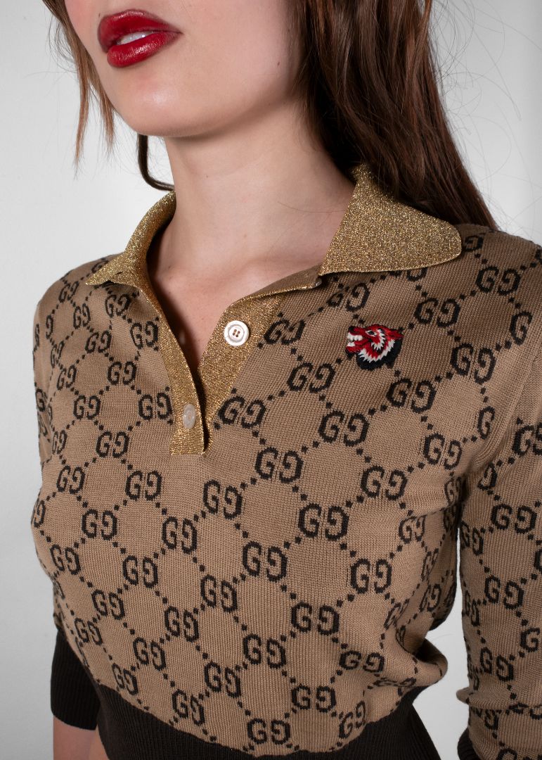 Gucci Beige And Brown Logo Cropped Sweater