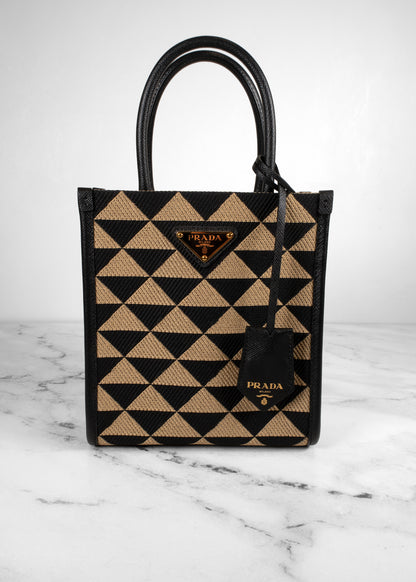 Prada Black And Tan Jacquard Saffiano Triangolo Symbole Mini Tote