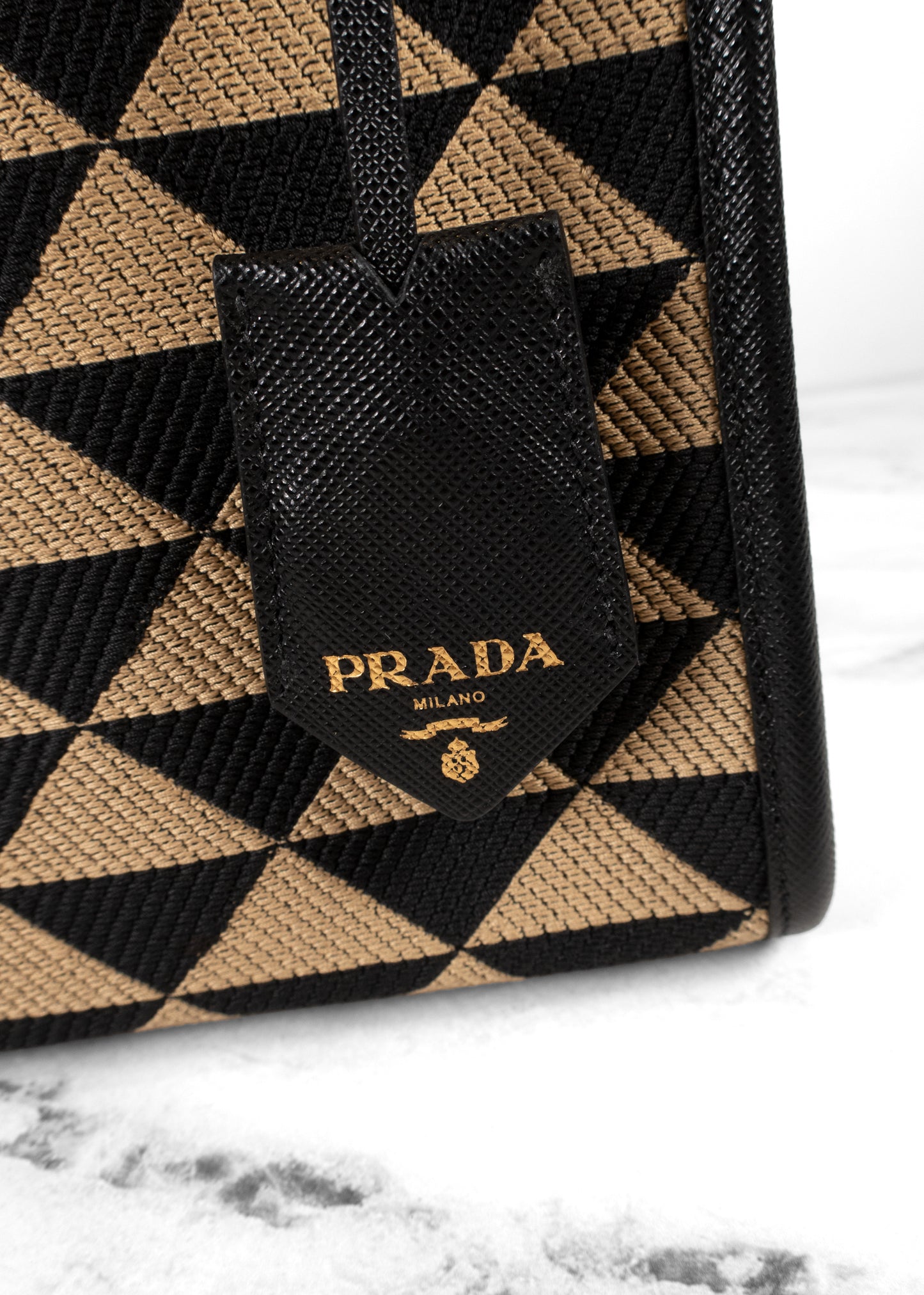 Prada Black And Tan Jacquard Saffiano Triangolo Symbole Mini Tote
