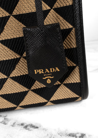 Prada Black And Tan Jacquard Saffiano Triangolo Symbole Mini Tote