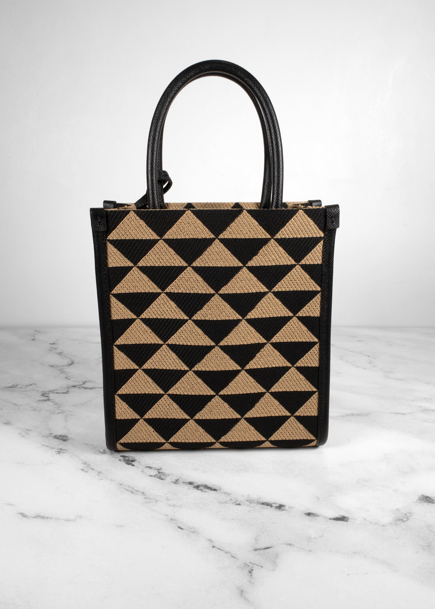 Prada Black And Tan Jacquard Saffiano Triangolo Symbole Mini Tote