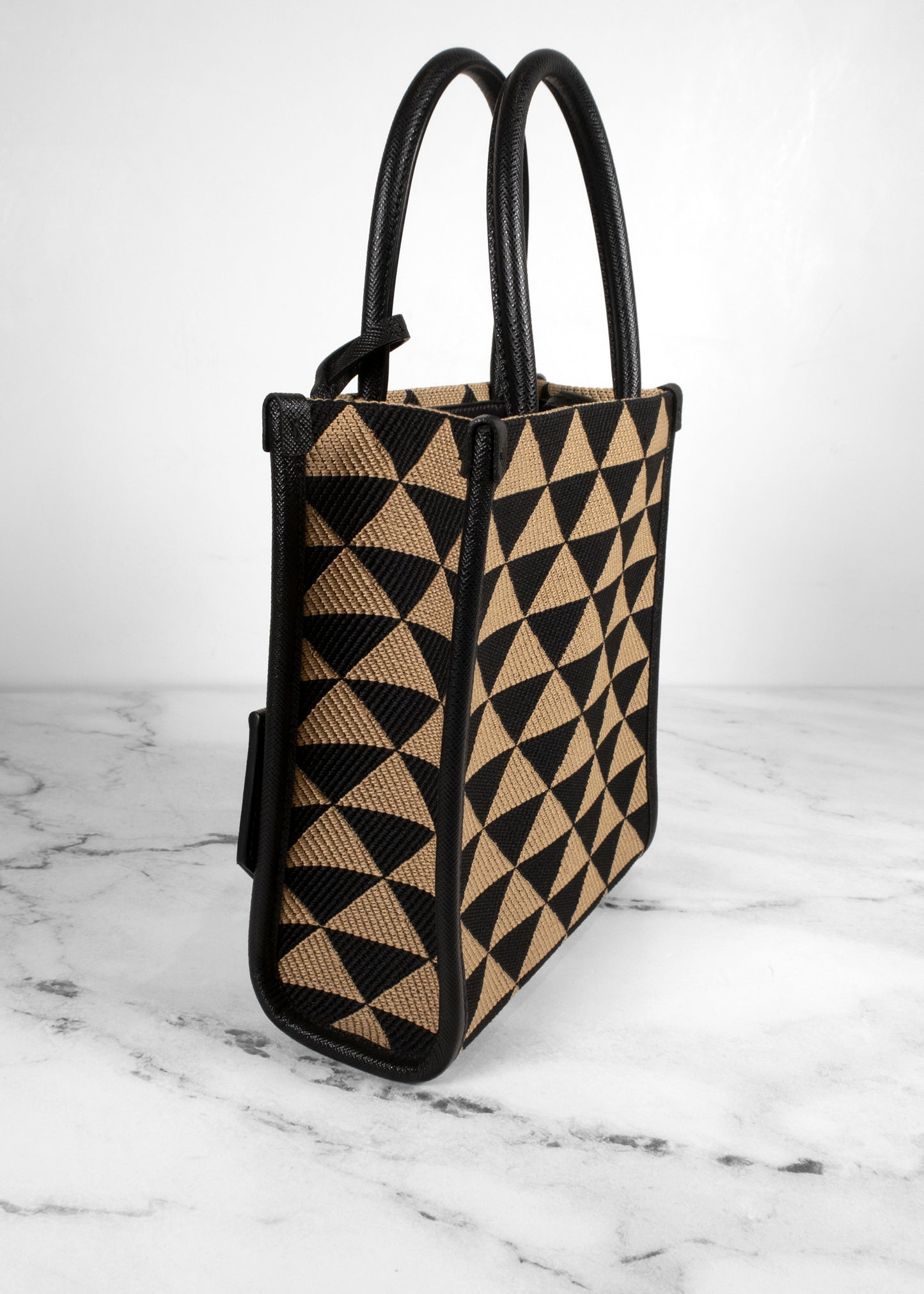 Prada Black And Tan Jacquard Saffiano Triangolo Symbole Mini Tote