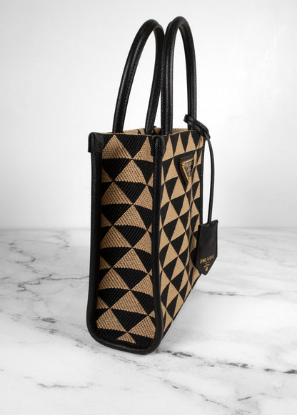 Prada Black And Tan Jacquard Saffiano Triangolo Symbole Mini Tote
